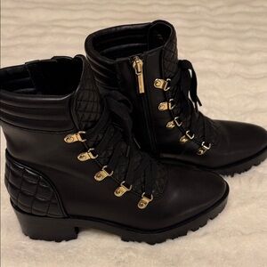 Karl Lagerfeld Black with gold hardware -Quilted Lace-Up Ankle Boots